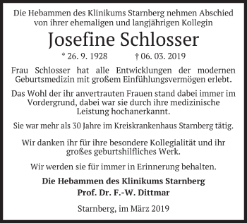 Todesanzeige von Josefine Schlosser von merkurtz