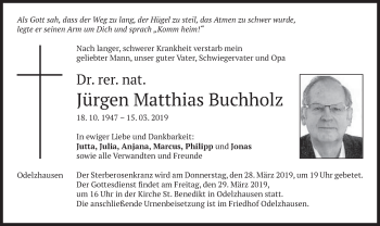 Todesanzeige von Jürgen Matthias Buchholz von merkurtz