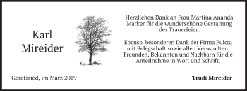 Todesanzeige von Karl Mireider von merkurtz