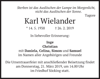 Todesanzeige von Karl Wielander von merkurtz