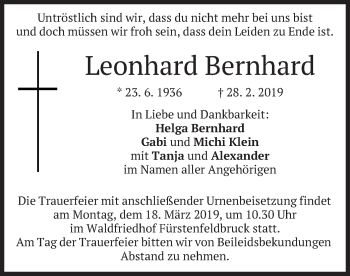 Todesanzeige von Leonhard Bernhard von merkurtz