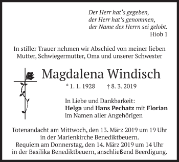 Todesanzeige von Magdalena Windisch von merkurtz