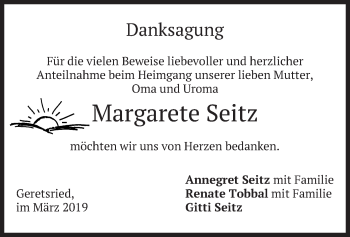 Todesanzeige von Margarete Seitz von merkurtz