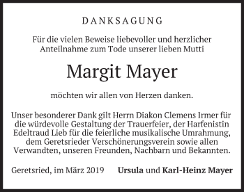 Todesanzeige von Margit Mayer von merkurtz