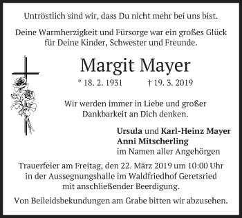 Todesanzeige von Margit Mayer von merkurtz