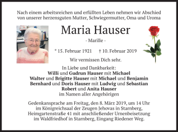 Todesanzeige von Maria Hauser von merkurtz
