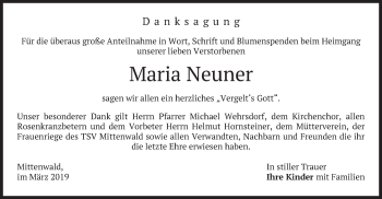 Todesanzeige von Maria Neuner von merkurtz