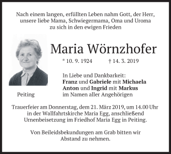 Todesanzeige von Maria Wörnzhofer von merkurtz