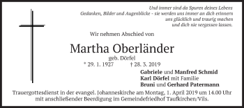 Todesanzeige von Martha Oberländer von merkurtz