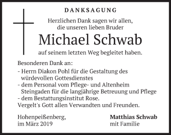 Todesanzeige von Michael Schwab von merkurtz