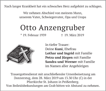 Todesanzeige von Otto Anzengruber von merkurtz