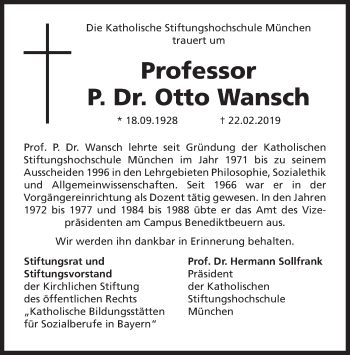 Todesanzeige von Otto Wansch von merkurtz