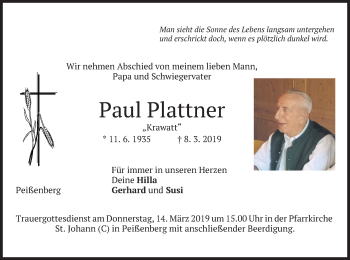 Todesanzeige von Paul Plattner von merkurtz