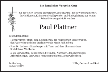 Todesanzeige von Paul Plattner von merkurtz