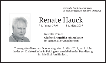 Todesanzeige von Renate Hauck von merkurtz
