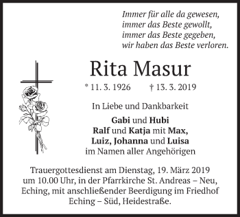 Todesanzeige von Rita Masur von merkurtz