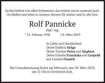 Todesanzeige von Rolf Pannicke von merkurtz