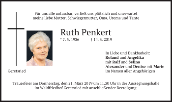 Todesanzeige von Ruth Penkert von merkurtz