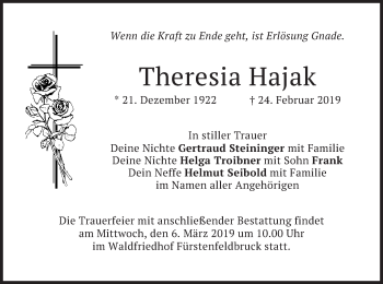 Todesanzeige von Theresia Hajak von merkurtz
