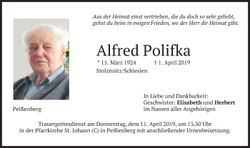 Todesanzeige von Alfred Polifka von merkurtz