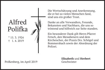 Todesanzeige von Alfred Polifka von merkurtz
