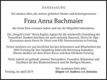 Todesanzeige von Anna Bachmaier von merkurtz