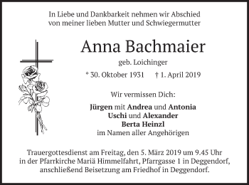 Todesanzeige von Anna Bachmaier von merkurtz