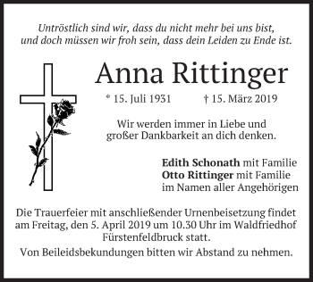 Todesanzeige von Anna Rittinger von merkurtz