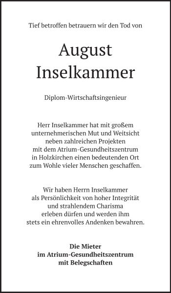 Todesanzeige von August Inselkammer von merkurtz