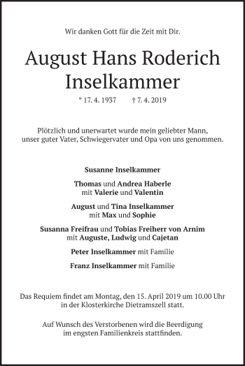 Todesanzeige von August Hans Roderich Inselkammer von merkurtz