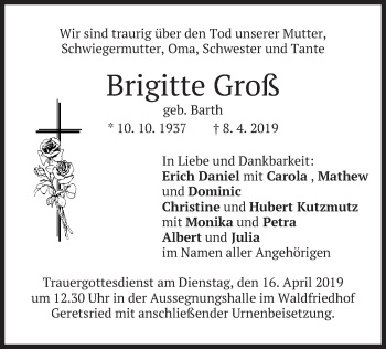 Todesanzeige von Brigitte Groß von merkurtz