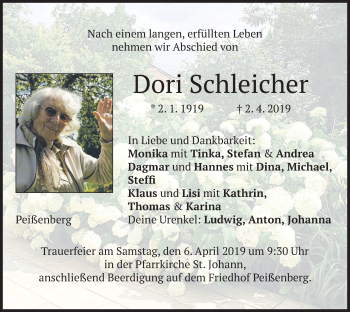 Todesanzeige von Dori Schleicher von merkurtz