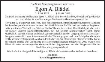 Todesanzeige von Egon A. Blädel von merkurtz