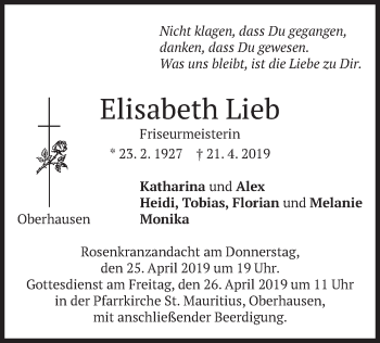 Todesanzeige von Elisabeth Lieb von merkurtz