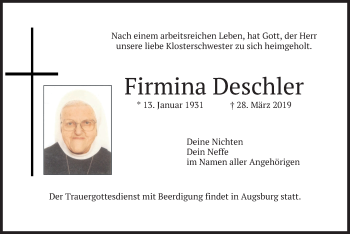 Todesanzeige von Firmina Deschler von merkurtz