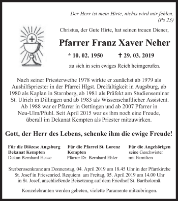 Todesanzeige von Franz Xaver Neher von merkurtz
