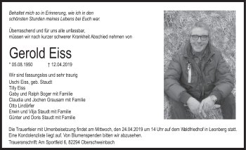 Todesanzeige von Gerold Eiss von merkurtz