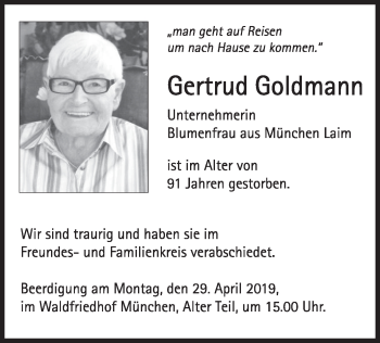 Todesanzeige von Gertrud Goldmann von merkurtz