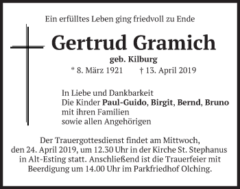 Todesanzeige von Gertrud Gramich von merkurtz