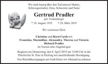 Todesanzeige von Gertrud Pradler von merkurtz
