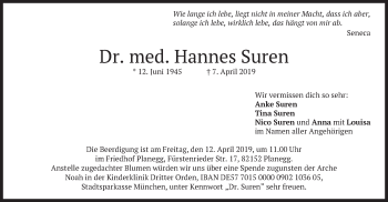 Todesanzeige von Hannes Suren von merkurtz