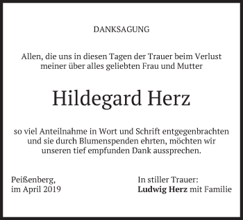 Todesanzeige von Hildegard Herz von merkurtz