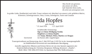 Todesanzeige von Ida Hopfes von merkurtz