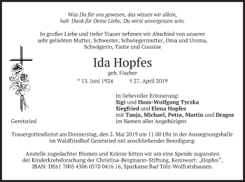 Todesanzeige von Ida Hopfes von merkurtz