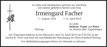 Todesanzeige von Irmengard Facher von merkurtz