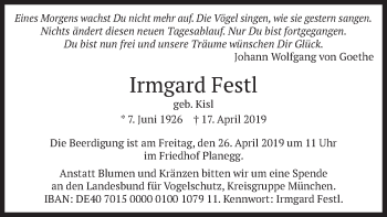Todesanzeige von Irmgard Festl von merkurtz
