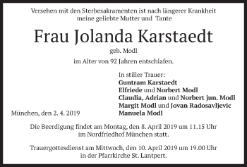 Todesanzeige von Jolanda Karstaedt von merkurtz