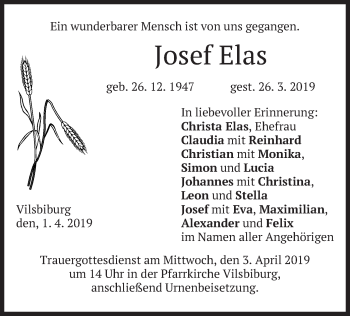 Todesanzeige von Josef Elas von merkurtz