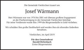 Todesanzeige von Josef Wärmann von merkurtz