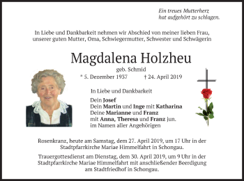 Todesanzeige von Magdalena Holzheu von merkurtz